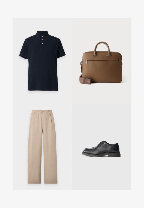 Marineblauwe polo met korte mouwen en een kraag, voorzien van drie witte knopen op de sluiting, weergegeven tegen een effen achtergrond.; Beige wijde broek met een gestructureerde afwerking, voorzien van plooien en een elastische tailleband, die aan de voorkant met een bronzen knoop is vastgezet.; Zwarte leren schoen met een gladde textuur, ronde neus en ondiepe gestikte versiering. Dikke rubbere zool met een lichte hak en grip patroon.; Bruine leren aktetas met bovenhandvatten, voorvak met ritssluiting en afneembare bijpassende schouderriem op witte achtergrond.