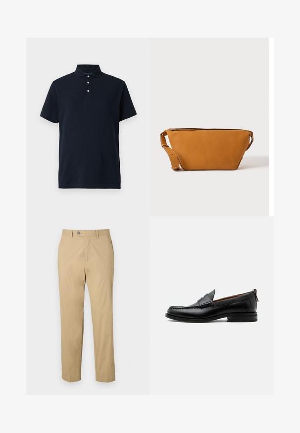 Polo de manga corta azul marino con cuello y tres botones blancos en la tapeta, mostrado sobre un fondo liso.; Pantalones beige de mezcla de algodón con un diseño de pierna recta, bolsillos frontales y cierre de botón. Textura suave y dobladillos con puños.; Mocasín de hombre de piel negra con costura moc toe, tira penny, cuello texturizado y tacón bajo apilado sobre fondo blanco.; Bolso bandolera de cuero marrón claro con correa ajustable y cierre de cremallera, mostrado sobre un fondo claro y liso.