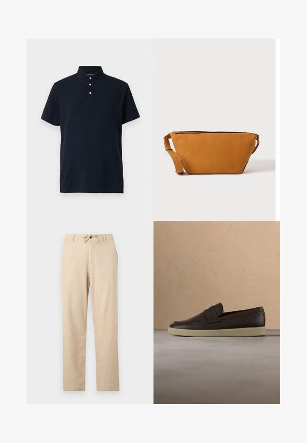 Marineblaue kurzärmlige Polo-Shirt mit Kragen und drei weißen Knöpfen auf der Knopfleiste, vor einem einfarbigen Hintergrund präsentiert.; Helle, beige Leinenhosen mit einem Kordelzugbund, geradem Schnitt, vorderen Taschen und einer glatten Textur. Minimalistisches Design ohne Muster.; Dunkelbrauner Lederloafer mit cremefarbener Sohle, schwebend über beigem strukturiertem Teppich, rundem Holztisch und gestapelten Büchern im Hintergrund.; Hellbraune Leder-Umhängetasche mit verstellbarem Schulterriemen und Reißverschluss, vor einem schlichten hellen Hintergrund gezeigt.