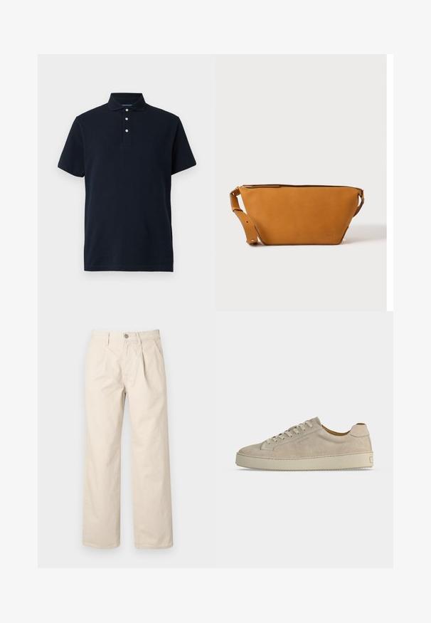 Polo de manga corta azul marino con cuello y tres botones blancos en la tapeta, mostrado sobre un fondo liso.; Pantalones de pierna ancha beige con cintura alta, que cuentan con pliegues frontales, cierre con botón en la parte delantera y una suave tela de algodón.; Zapatilla beige de ante de tacón bajo con cierre de cordones y suela gruesa de goma, mostrada de lado sobre un fondo blanco liso.; Bolso bandolera de cuero marrón claro con correa ajustable y cierre de cremallera, mostrado sobre un fondo claro y liso.