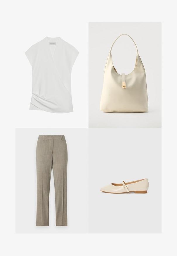 Blouse blanche à manches courtes avec un design drapé, présentant un léger tombé à l'ourlet et une texture lisse et douce. L'étiquette indique "ANNA FIELD."; Pantalon ajusté gris clair en tissu texturé, design à jambe droite et taille classique. Présente des détails de rayures discrètes.; Ballerines en cuir verni beige avec un embout carré, un petit talon et une bride ajustable à la cheville avec une boucle dorée.; Sac hobo en cuir couleur crème avec une seule bandoulière, texture lisse et un détail de fermoir doré à l'avant.