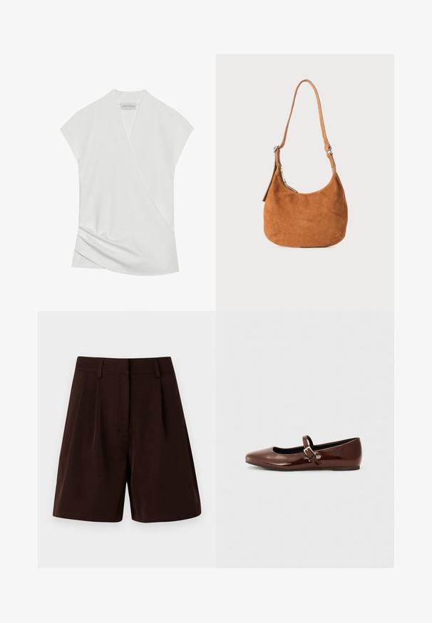 Blouse blanche à manches courtes avec un design drapé, présentant un léger tombé à l'ourlet et une texture lisse et douce. L'étiquette indique "ANNA FIELD."; Shorts plissés marron en tissu léger. Dotés d'une ceinture classique et de poches latérales, avec une coupe droite et des bords ourlés.; Ballerine en cuir verni marron avec un bout carré et une lanière ornée d'une petite boucle dorée. Texture lisse, talon bas et design minimaliste.; Sac à main en daim beige avec un design incurvé, une bandoulière ajustable, une fermeture éclair en métal et un détail de logo embossé à l'avant.