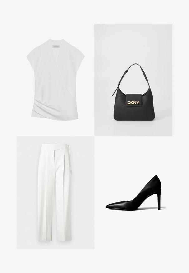 Blouse blanche à manches courtes avec un design drapé, présentant un léger tombé à l'ourlet et une texture lisse et douce. L'étiquette indique "ANNA FIELD."; Pantalon blanc taille haute avec plis et détail de nœud sur le côté, coupe droite et fermeture cachée.; Chaussure à talon haut en cuir noir à bout pointu avec un talon aigu fin sur fond blanc.; Sac en cuir noir à épaule avec une forme structurée, mettant en avant un logo doré "DKNY" à l'avant et une sangle courte et réglable.