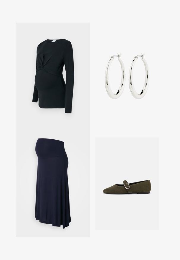 Blusa de maternidad negra de manga larga con detalle frontal retorcido, hecha de una tela suave, con forma ajustada y escote redondo.; Falda de maternidad en azul marino, hecha de una tela suave y elástica. Cuenta con una cinturilla alta y un diseño fluido en A.; Zapato plano Mary Jane de ante verde oliva con hebilla de plata y punta redondeada, mostrado sobre un fondo blanco.; Pendientes de aro de plata con un acabado suave y brillante. Forma circular, con un cierre seguro. Diseño sencillo y elegante.