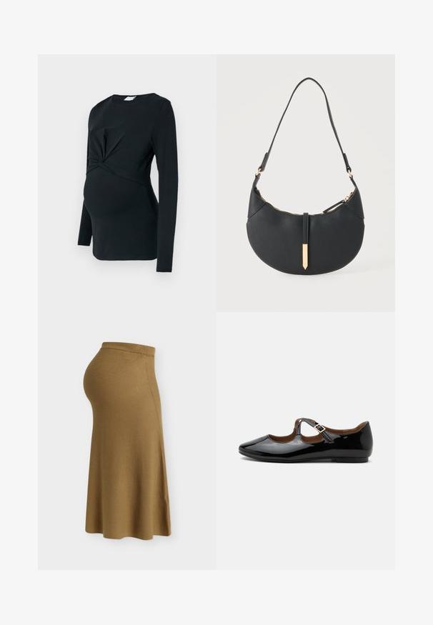 Blusa de maternidad negra de manga larga con detalle frontal retorcido, hecha de una tela suave, con forma ajustada y escote redondo.; Falda de punto marrón acanalada de maternidad con cinturilla elástica alta, diseñada para ajustarse cómodamente sobre la barriga de embarazada, mostrada de lado.; Zapato plano Mary Jane de charol negro con dos recortes y una correa con hebilla dorada sobre fondo blanco.; Bolso negro en forma de media luna con una sola correa, cremallera dorada y una lengüeta decorativa rectangular dorada en la parte delantera.