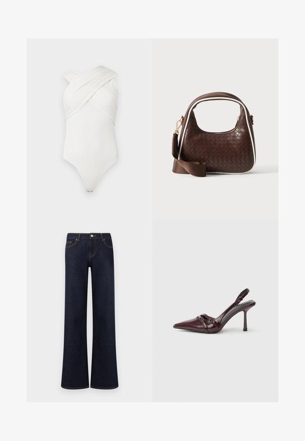 Bodysuit blanc avec un design croisé, fabriqué en tissu lisse et extensible ; présente des détails froncés à l'avant et une fermeture à pressions au bas.; Jean en denim bleu foncé à jambes larges avec poches avant, fermeture par bouton et fermeture éclair, et coutures contrastantes visibles.; Escarpin slingback en cuir verni bordeaux avec bout pointu, fine bride à la cheville et petit détail décoratif de boucle. Texture lisse et talon haut.; Sac à main en cuir tressé marron avec passepoil blanc, fermeture éclair dorée et bandoulière amovible en tissu marron.