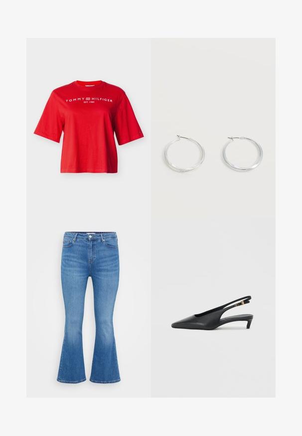 Κόκκινο κοντομάνικο T-shirt Tommy Hilfiger με λευκό κείμενο λογότυπου και έμβλημα στο στήθος και μικρό λογότυπο σημαίας στο αριστερό μανίκι.; Απαλά μπλε τζιν φλαρέ παντελόνια με ψηλή μέση, πέντε τσέπες και κλασικό κούμπωμα με κουμπί. Λείο ύφασμα με διακριτική φθορά.; Μαύρες γόβες slingback με μυτερή μύτη, λεία υφή δέρματος, χαμηλό τακούνι και λουράκι με μεταλλική αγκράφα.; Ασημένια μεταλλικά σκουλαρίκια κρίκοι με λεία, ελαφρώς κυρτή επιφάνεια και κλειδαριά τύπου latch-back σε απλό λευκό φόντο.