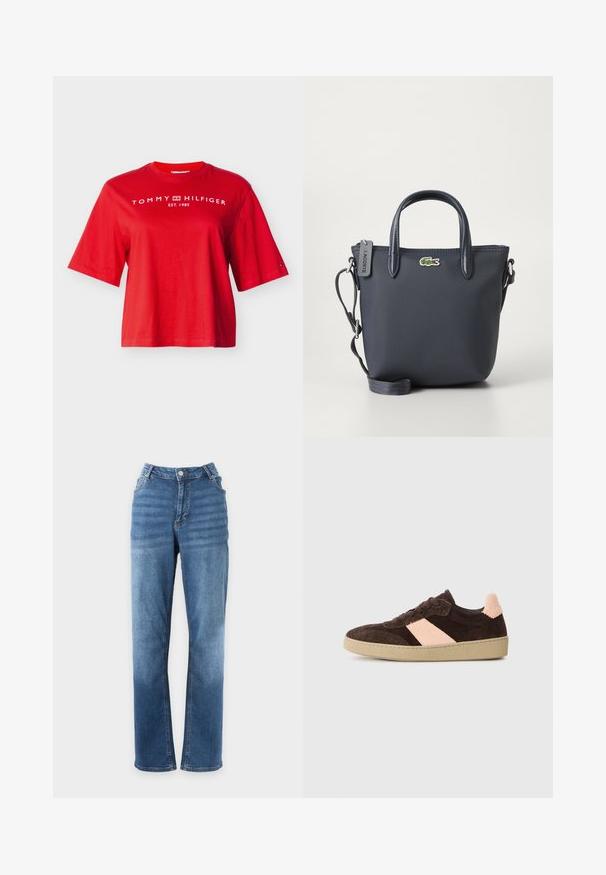 Κόκκινο κοντομάνικο T-shirt Tommy Hilfiger με λευκό κείμενο λογότυπου και έμβλημα στο στήθος και μικρό λογότυπο σημαίας στο αριστερό μανίκι.; Μπλε τζιν παντελόνι με ίσια γραμμή, κλείσιμο με κουμπί και φερμουάρ, εμπρός και πίσω τσέπες, εμφανίζεται σε λευκό φόντο.; Καφέ σουέτ αθλητικά παπούτσια με ελαφριά ροζ διαγώνια ρίγα, σύστημα δέσιματος, υφή στην επάνω πλευρά, και καφέ καουτσούκ σόλα. Η πίσω πλευρά έχει μια υφική λεπτομέρεια.; Σακούλα θαλάσσιου μπλε με υφή υφάσματος, δύο επάνω χερούλια και αποσπώμενο λουρί ώμου. Διαθέτει ένα μικρό λογότυπο Lacoste και φερμουάρ για κλείσιμο.