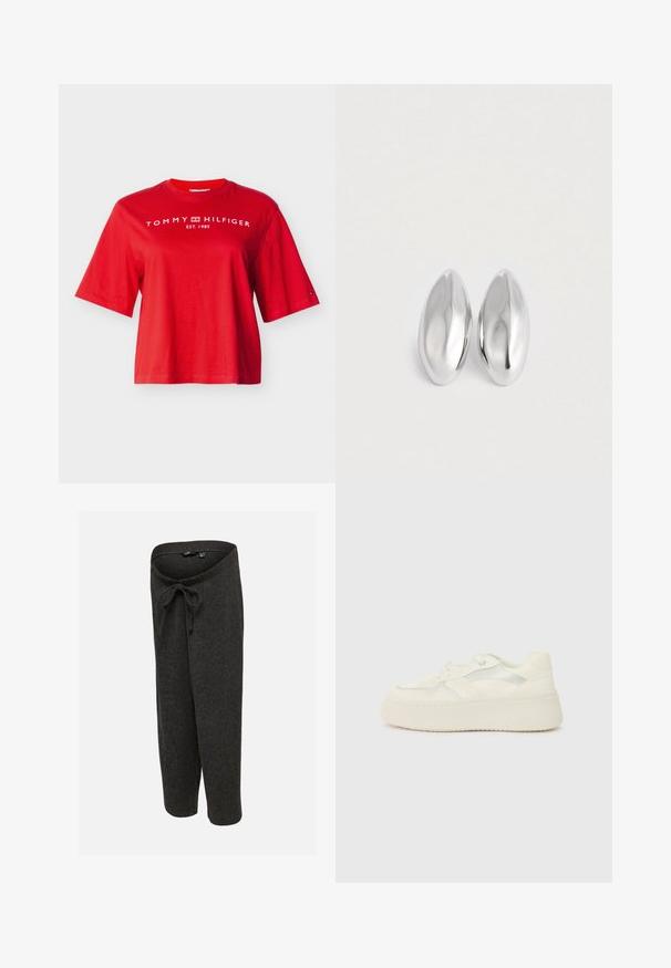 Κόκκινο κοντομάνικο T-shirt Tommy Hilfiger με λευκό κείμενο λογότυπου και έμβλημα στο στήθος και μικρό λογότυπο σημαίας στο αριστερό μανίκι.; Σκούρο γκρι πλεκτό παντελόνι με άνετη εφαρμογή και κορδόνι στη φαρδιά ελαστική μέση, απεικονισμένο σε απλό ανοιχτό φόντο.; Λευκά sneakers με πλατφόρμα, από λείο δέρμα, ραμμένες λεπτομέρειες και μεταλλικές λωρίδες στο πλάι. Στρογγυλή μύτη και επίπεδη καουτσούκ σόλα.; Ζευγάρι ομαλών, γυαλιστερών ασημένιων οβάλ αντικειμένων τοποθετημένων δίπλα-δίπλα σε μια απλή λευκή επιφάνεια.