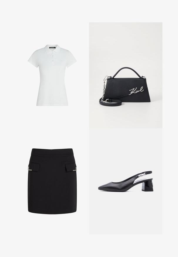 Polo blanc à manches courtes avec trois boutons, un col et un logo brodé discret sur la poitrine gauche.; Jupe mini noire avec deux poches avant à rabat, chacune dotée d'un petit détail décoratif en argent dans le coin.; Chaussure à talon bride arrière en cuir noir, bout pointu, petit talon carré et boucle argentée sur la bride, vue de profil sur fond blanc.; Sac à main en cuir noir, de forme triangulaire, avec le logo argenté "Karl" et une anse chaîne amovible. Texture lisse et design structuré.