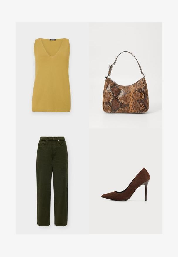 Top sans manches jaune moutarde avec un décolleté en V, fabriqué à partir d'un matériau tricoté texturé, présentant un design simple et droit.; Pantalon droit en velours côtelé vert foncé avec poches avant, passants pour ceinture et fermeture par bouton, présenté à plat sur un fond clair.; Escarpin en daim marron à talon haut et bout pointu avec un talon aiguille étroit et élégant sur un fond clair uni.; Petit sac à main avec un motif en peau de serpent marron et noir, courroie courte et ajustable, et fermeture éclair.