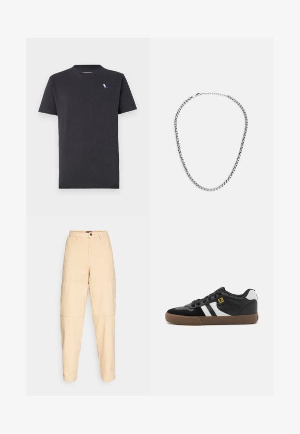 T-shirt en coton noir avec un col rond et des manches courtes, arborant un petit logo d'oiseau multicolore sur la poitrine gauche.; Pantalons beiges taille haute en coton. Dotés de poches, d'une fermeture à bouton et d'une couture panachée distincte au niveau des genoux. Coupe droite.; Baskets noir et blanc avec une tige en daim et en cuir, présentant des rayures blanches, des lacets noirs et une semelle en caoutchouc marron. Accents de logo dorés.; Fossil JEWELRY NECKLACE - Collier - silver-coloured