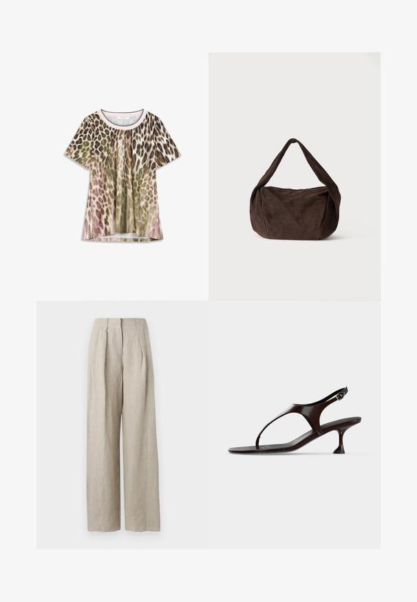 Haut à manches courtes avec imprimé léopard dans des nuances de brun, vert et rose. Tissu lisse, encolure ronde et coupe décontractée.; Pantalon en lin beige taille haute, jambes larges, avec plis sur le devant et fermeture avant dissimulée, présenté sur un fond uni.; Sandale slingback en cuir verni marron foncé avec petit talon et bride entre les orteils sur fond blanc.; Sac à bandoulière en daim brun foncé souple avec une large sangle et une forme rectangulaire arrondie et décontractée sur un fond clair uni.