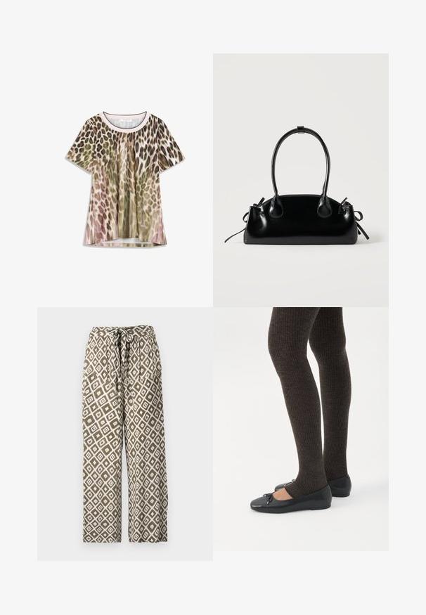 Haut à manches courtes avec imprimé léopard dans des nuances de brun, vert et rose. Tissu lisse, encolure ronde et coupe décontractée.; Pantalons larges imprimés en vert olive et blanc. Dotés d'un motif en losanges et d'une taille avec cordon de serrage. Fabriqués en tissu léger.; Jambes portant des leggings côtelés foncés associés à des ballerines noires avec de petits détails en nœud sur fond blanc.; Petit sac à main noir brillant avec deux longues anses et des détails à cordon sur les côtés sur un fond clair uni.