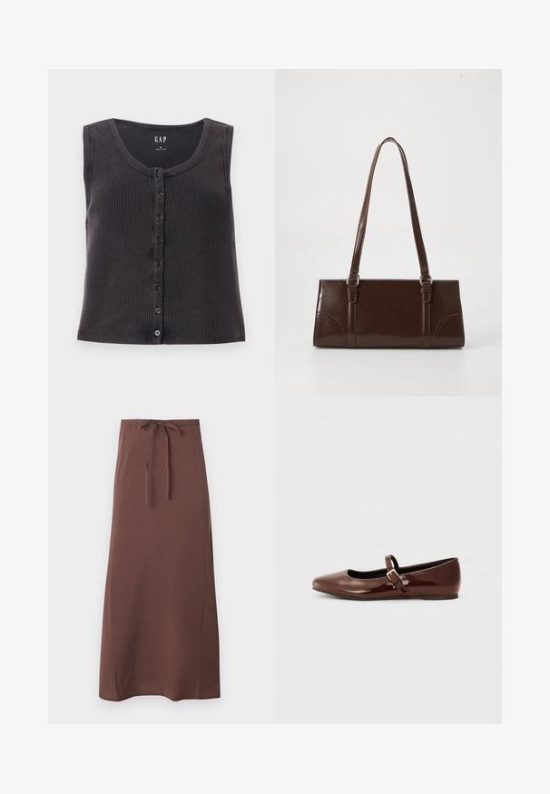 Top sans manches en ribbed gris foncé avec un col rond et une patte de boutonnage à l'avant. Les motifs présentent une texture subtile et six boutons noirs.; Jupe marron longueur cheville avec une taille élastique et un cordon ajustable, en tissu lisse.; Ballerine en cuir verni marron avec un bout carré et une lanière ornée d'une petite boucle dorée. Texture lisse, talon bas et design minimaliste.; Sac à main en cuir verni marron de forme rectangulaire, avec deux longues poignées et des accents courbés subtils à l'avant.