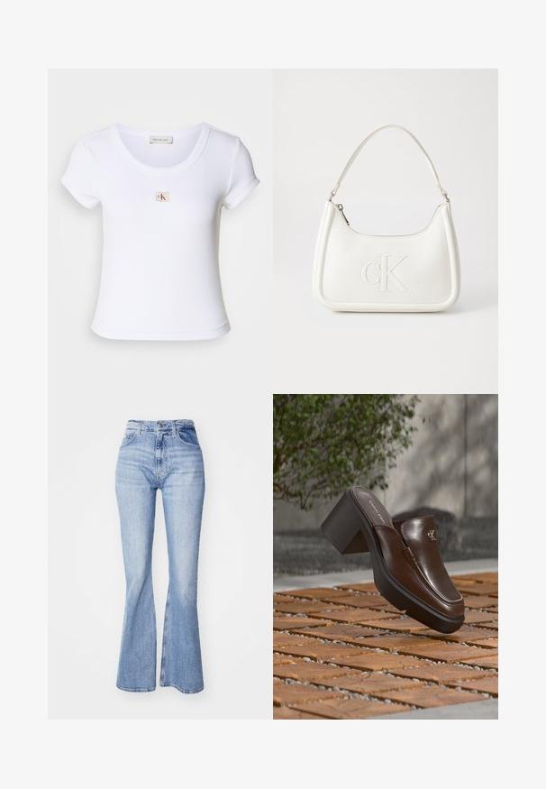 Camiseta ajustada blanca hecha de tela acanalada, con un cuello redondo y mangas cortas. Un pequeño logo de CK está bordado en el pecho.; Vaqueros de campana de color azul claro, fabricados en denim, con cintura alta, diseño de cinco bolsillos y un sutil desgaste a lo largo de las piernas.; Mule con tacón de cuero marrón Calvin Klein flotando sobre un suelo de baldosas de madera con un fondo borroso de planta verde y pared.; Bolso de mano de cuero blanco con forma curvada, con un logo "CK" en relieve en la parte delantera y una sola correa para el hombro. Cierre de cremallera en la parte superior.