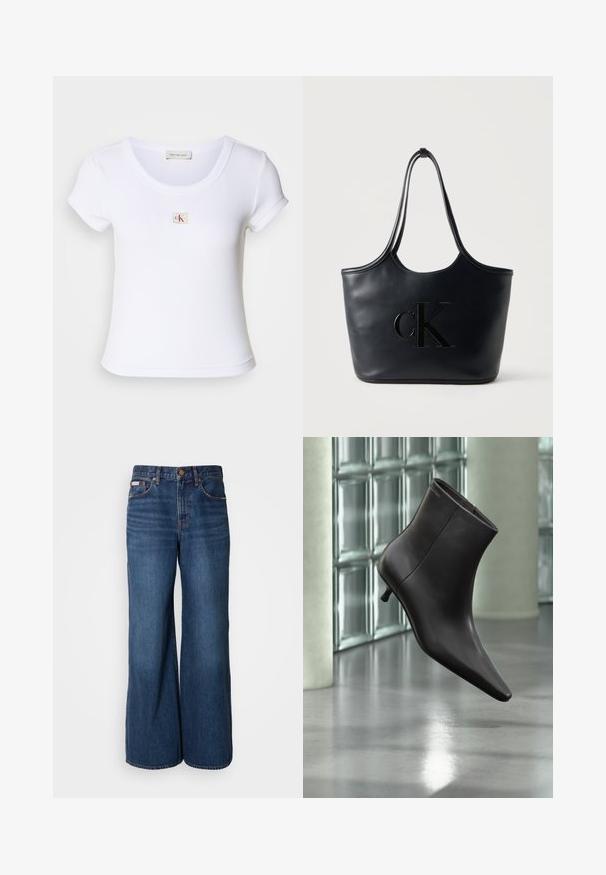 Camiseta ajustada blanca hecha de tela acanalada, con un cuello redondo y mangas cortas. Un pequeño logo de CK está bordado en el pecho.; Vaqueros de pierna ancha hechos de denim azul oscuro. Incluyen una cintura alta, cinco bolsillos y costuras en contraste de color naranja a lo largo de las costuras.; Bota de cuero negro para el tobillo con puntera puntiaguda y tacón pequeño, exhibida frente a una pared de bloques de vidrio y un suelo pulido.; Bolso tote de cuero negro con asas dobles largas y logo CK en relieve estampado en el frente contra un fondo liso.