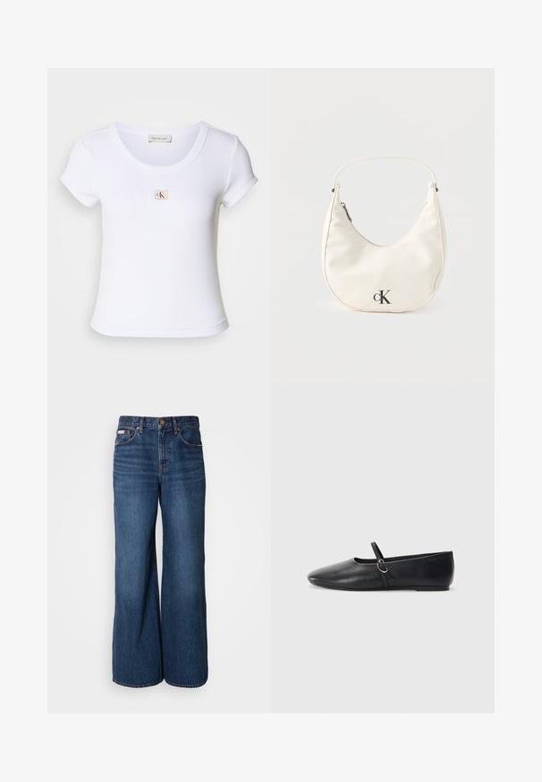 Witte fitted t-shirt van ribstof, met een ronde halslijn en korte mouwen. Een klein CK-logo is op de borst gestikt.; Wijdvallende jeans van donkerblauwe denim. Kenmerken zijn een hoge taille, vijf zakken en contrasterende oranje stiksels langs de naden.; Zwarte leren balletschoenen met een spitse neus, platte zool en een kleine strap met een zilveren gespsluiting.; Kleine witte handtas in de vorm van een halve maan met een kort hengsel, ritssluiting en zwart "cK" logo aan de voorkant.