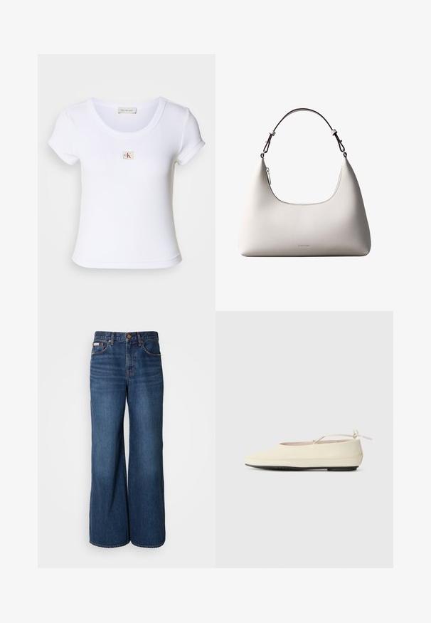 Hvid tætsiddende t-shirt lavet af ribbet stof, med rund halsudskæring og korteærmer. Et lille CK-logo er syet på brystet.; Bredde jeans lavet af mørkeblåt denim. Funktioner inkluderer en høj talje, fem lommer og kontrasterende orange syninger langs sømmene.; Cremefarvede flade sko med rund tå, ankelrem og kontrasterende sort gummisål. Glat materiale med minimal detaljer.; Cremefarvet skuldertaske i læder fra Calvin Klein med buet topkant, sølvfarvet lynlås og mørkebrun justerbar rem.