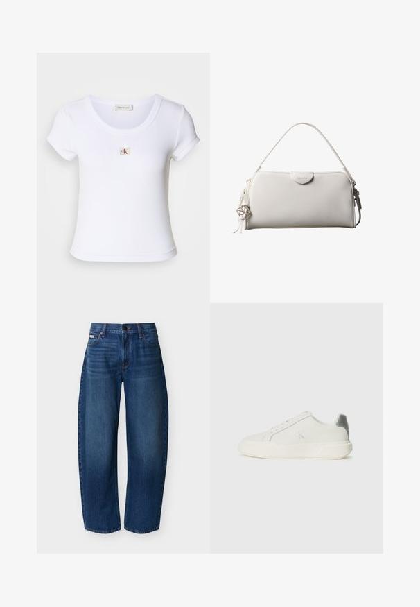 Weißes, tailliertes T-Shirt aus geripptem Stoff, mit einem runden Halsauschnitt und kurzen Ärmeln. Ein kleines CK-Logo ist auf der Brust gestickt.; Dunkelblaue Jeans mit hoher Taille und geradem Bein, vorne mit Taschen, Gürtelschlaufen, Knopfverschluss und dezenten Verblassungen an den Oberschenkeln.; Weißer Sneaker aus Leder mit glatter Textur, ausgestattet mit einem silbernen Akzent an der Ferse, flacher Sohle und minimalistischem Design.; Weiße rechteckige Calvin Klein Handtasche mit einem einzelnen Henkel, minimalistischem Design und dekorativen Quasten mit geometrischem Metallanhänger an der Seite.