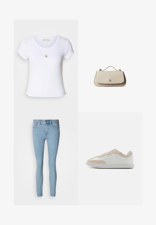 Hvid tætsiddende t-shirt lavet af ribbet stof, med rund halsudskæring og korteærmer. Et lille CK-logo er syet på brystet.; Lyseblå skinny jeans lavet af denim. Har høj talje, fem-lomme design og let flæser ved kanten.; Hvide lædersneakers med beige ruskindsdetaljer og hvide snøringer. Har en rund tå og en polstret sål for komfort.; Lille beige læderhåndtaske med top håndtag og sølv CK-logo på frontklap, vist mod en hvid baggrund.