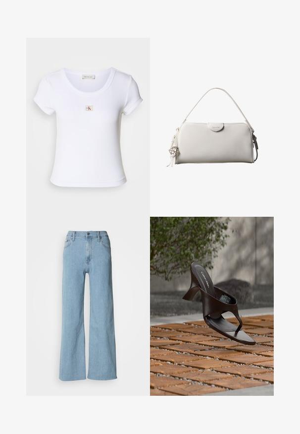 Camiseta ajustada blanca hecha de tela acanalada, con un cuello redondo y mangas cortas. Un pequeño logo de CK está bordado en el pecho.; Vaqueros de pierna ancha en azul claro, fabricados en denim, con una cintura ajustada, diseño de cinco bolsillos y sutiles detalles de costura.; Sandalia de tiras con tacón marrón de Calvin Klein suspendida sobre suelo exterior de loseta de madera y grava, con fondo desenfocado de vegetación y piedras.; Bolso rectangular blanco de Calvin Klein con un solo asa, diseño minimalista y borlas decorativas con un charm metálico geométrico en el lateral.