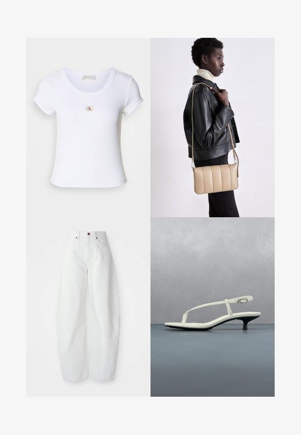 Weißes, tailliertes T-Shirt aus geripptem Stoff, mit einem runden Halsauschnitt und kurzen Ärmeln. Ein kleines CK-Logo ist auf der Brust gestickt.; Hochtaillierte weiße Denim-Hose mit lockerer Passform. Einfacher Knopfverschluss, seitliche Taschen und minimalistisches Design. Glatte Textur.; Weiße Riemchenpantolette mit kitten heel und spitz zulaufender Zehenpartie, schwebt über einem Holzkachelboden im Freien mit verschwommenem Pflanzen- und Wandhintergrund.; Beige Leder-Crossbody-Tasche mit gestepptem Muster, rechteckiger Form, dünnem Trageriemen und silberner Hardware, getragen von einer Person in einer schwarzen Jacke.