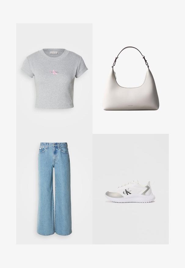Grijze crop top gemaakt van katoen, met een geribbelde textuur en korte mouwen. Toont een roze Calvin Klein-logo op de voorkant.; Lichtblauwe wijde jeans van denim, met een hoge taille, vijf pockets en subtiele vervaging langs de stof.; Witte sportschoenen met een zilveren accent, een gladde textuur en een rubberen zool. Beschikt over een opvallend zwart logo aan de zijkant en veters.; Romige Calvin Klein leren schoudertas met gebogen bovenrand, zilveren rits en donkerbruine verstelbare riem.