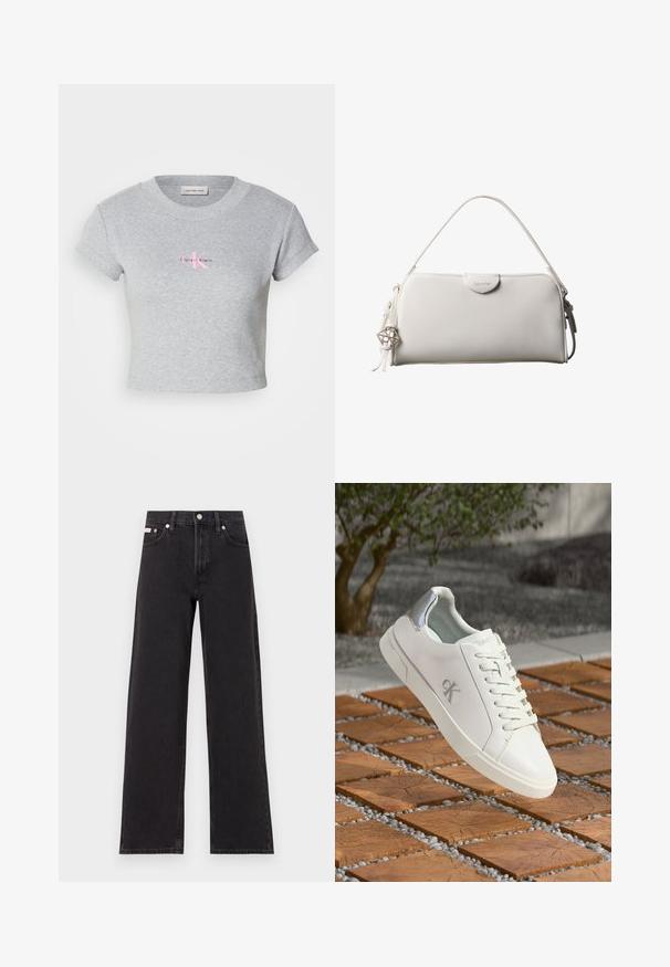 Camiseta gris corta de algodón, con textura de canalé y mangas cortas. Presenta un logo rosa de Calvin Klein en la parte delantera.; Jeans anchos de mezclilla negros, con cintura alta, cinco bolsillos y cierre de botón metálico con costuras contrastantes.; Zapatillas blancas de corte bajo con un material suave, cordones y un acento plateado en el talón. Presenta un logo sutil en relieve en el costado.; Bolso rectangular blanco de Calvin Klein con un solo asa, diseño minimalista y borlas decorativas con un charm metálico geométrico en el lateral.
