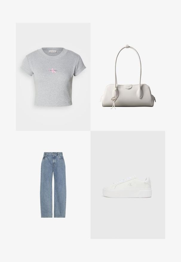 Grijze crop top gemaakt van katoen, met een geribbelde textuur en korte mouwen. Toont een roze Calvin Klein-logo op de voorkant.; Lichtblauwe spijkerbroek met hoge taille, rechte wijde pijpen, voorzakken, riemlussen en een knoop- en ritssluiting.; Witte platform sneakers met een gladleren bovenkant, ronde neus, witte veters en subtiele logodetail aan de zijkant. Platte rubberen zool.; Witte Calvin Klein schoudertas met lange hengsels, rechthoekige vorm, ritssluiting en decoratieve logohanger bij het hengsel.