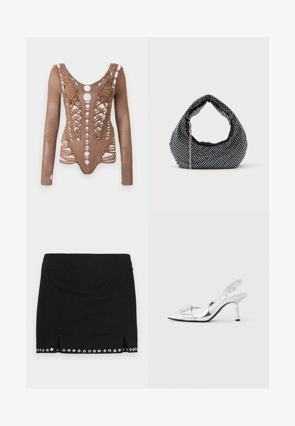 Langærmet brun mesh bodysuit med indviklede udskæringer, snørebånd foran og dekorerende perler langs kanterne mod en hvid baggrund.; Ludovic de Saint Sernin LISETTE - Mini skirts - black; Sølv slingback-høje hæle med spids tå, blank finish og et rektangulært pynt foran, med en slank hæl og justerbar rem.; Sort mesh håndtaske prydet med sølvnitter, udstyret med et buet håndtag og en kædetraspe. Blød tekstur med en rund form.