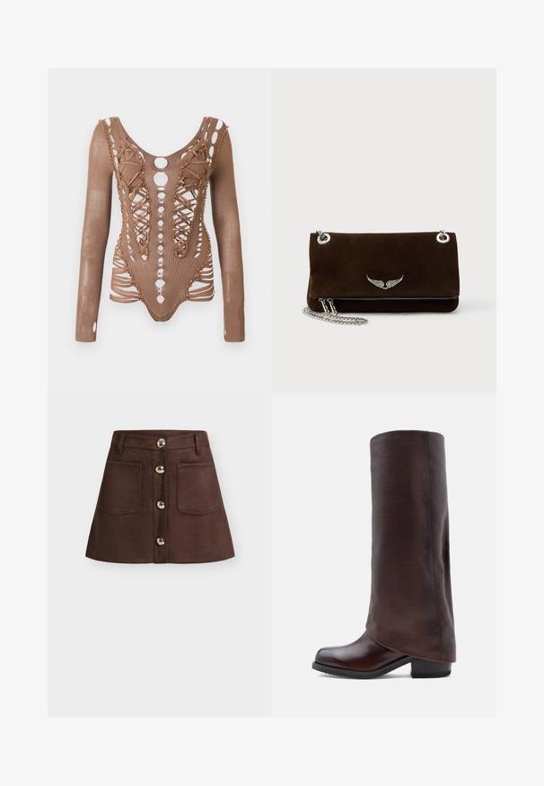 Bodysuit en maille marron à manches longues avec des découpes complexes, un devant lacé et des perles décoratives le long des bords sur un fond blanc.; Mini-jupe en daim marron à coupe droite, avec deux poches frontales et des boutons dorés au centre pour la fermeture.; Bottes en cuir marron foncé, montant jusqu'au genou, avec un petit talon carré et un bout arrondi, présentées en profil latéral sur fond blanc.; Pochette en daim marron avec bandoulière chaîne argentée, comprenant un compartiment zippé et un détail décoratif en forme d'aile argentée sur le devant.