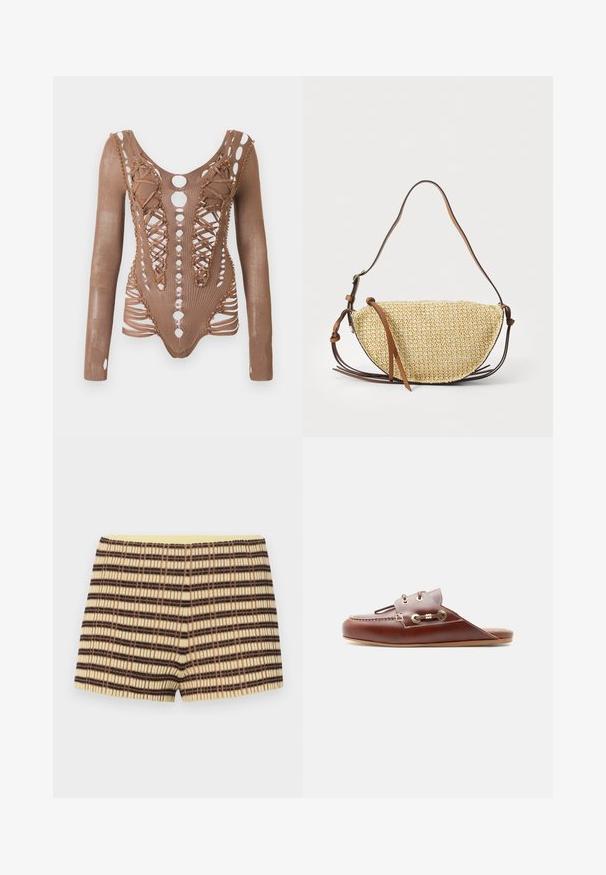 Langærmet brun mesh bodysuit med indviklede udskæringer, snørebånd foran og dekorerende perler langs kanterne mod en hvid baggrund.; strikkede shorts i beige med brune og sorte striber; har en ribbet tekstur og en elastisk gul talje.; Brun lædersko med slip-on, moc-tå syning, guldøjelets og dekorativ snøredetalje på siden, flad sål, sideprofil.; Vævet stråtask med en halvmåneform, der har en brun læderrem og accenter. Textureret, naturlig farve med glatte kanter.