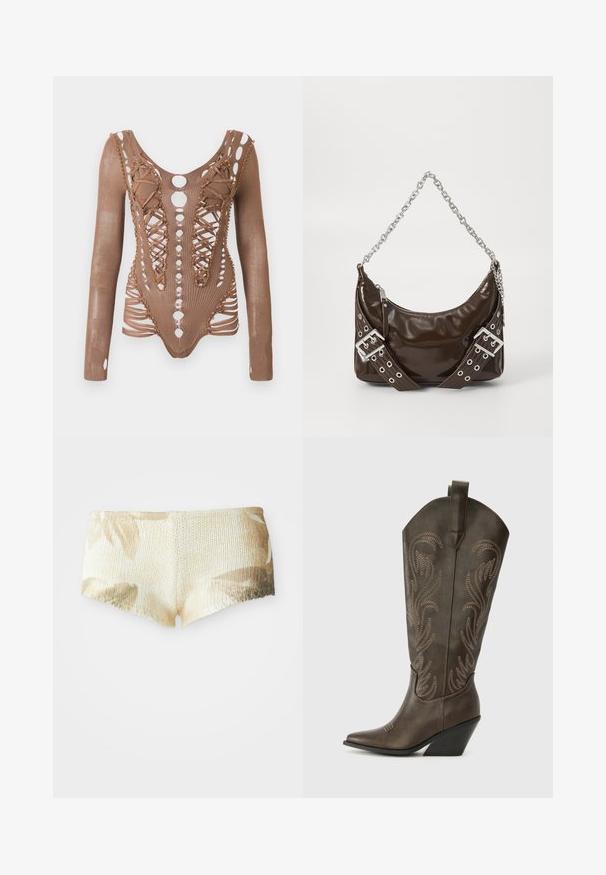 Langærmet brun mesh bodysuit med indviklede udskæringer, snørebånd foran og dekorerende perler langs kanterne mod en hvid baggrund.; Strikkede shorts i lys beige med et blomstermønster. Har en tekstureret overflade og en bølget kant. Blødt og let stof.; Brune læder cowboystøvle med spids tå, kilehæl og dekorativ broderi. Har en høj stok og en trækflap.; Mørkebrunt patentlæder håndtaske med sølv kæderekke, dekorerede dobbelte spænder og lynlås lukning.