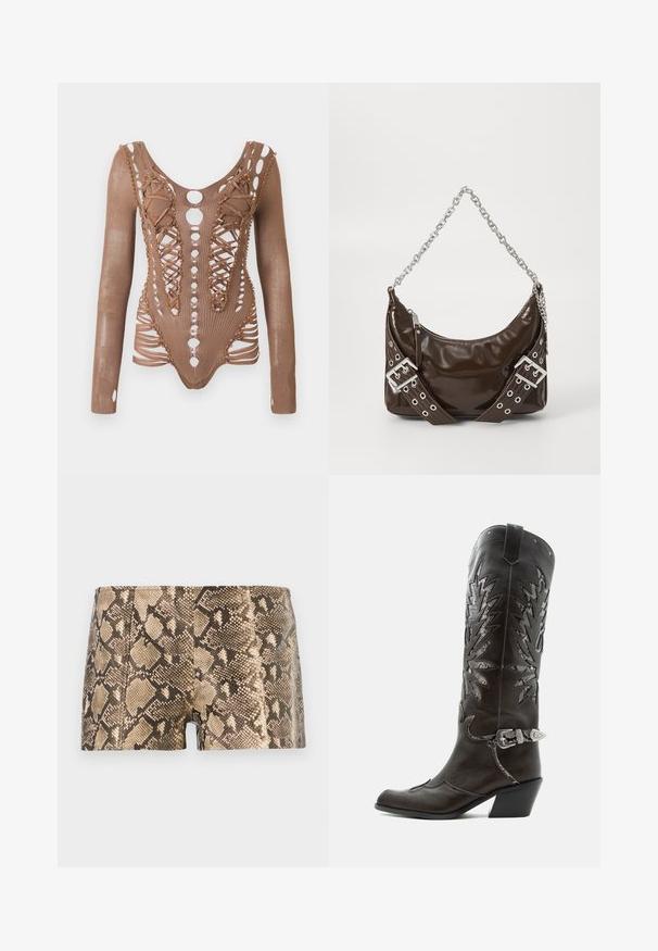 Bodysuit en maille marron à manches longues avec des découpes complexes, un devant lacé et des perles décoratives le long des bords sur un fond blanc.; Shorts imprimés serpent marron et beige en matériau texturé, avec un design ajusté et une finition lisse avec des coutures visibles.; Botte de cowboy en cuir noir avec découpes décoratives, boucle argentée et talon incliné, présentée sur fond blanc.; Sac à main en cuir verni marron foncé avec une bandoulière en chaîne argentée, des ceintures décoratives à double boucle et une fermeture éclair.