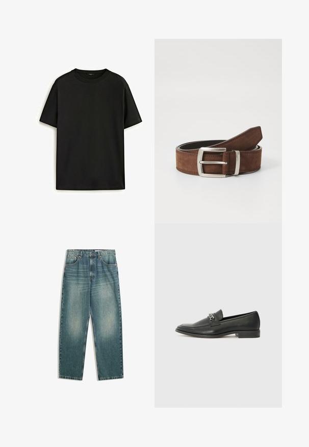 Zwarte katoenen t-shirt met een klassieke ronde hals, korte mouwen en een comfortabele pasvorm. Gladde textuur, zonder patronen of versieringen.; Lichtblauwe denim jeans met een hoge taille, wijd uitlopende pijpen en subtiele vervaging; voorzien van vijf zakken en metalen knopen.; Zwarte leren instapper met een gladde afwerking, voorzien van een gestikt ontwerp en een decoratieve metalen kettingaccent over de wreef. Platte hak.; Bruine suède riem met een zilveren metalen gesp en een lineaire stikseldetail. De riem is plat en heeft een klassiek formaat en vorm.