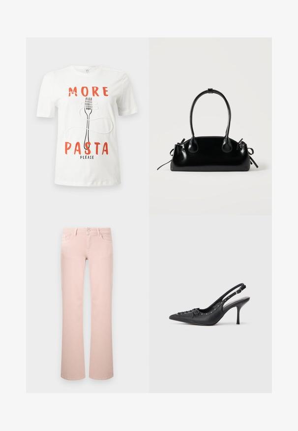 T-shirt blanc avec texte rouge "PLUS DE PÂTES SVP" et un graphique d'une fourchette noire enroulée de nouilles de pâtes blanches.; Jean rose clair à jambes droites avec poches avant, passants pour ceinture et fermeture à bouton métallique.; Escarpin en cuir noir à talon aiguille avec un bout pointu, une bride latérale à boucle, des clous le long du bord et un laçage décoratif à l'avant.; Petit sac à main noir brillant avec deux longues anses et des détails à cordon sur les côtés sur un fond clair uni.
