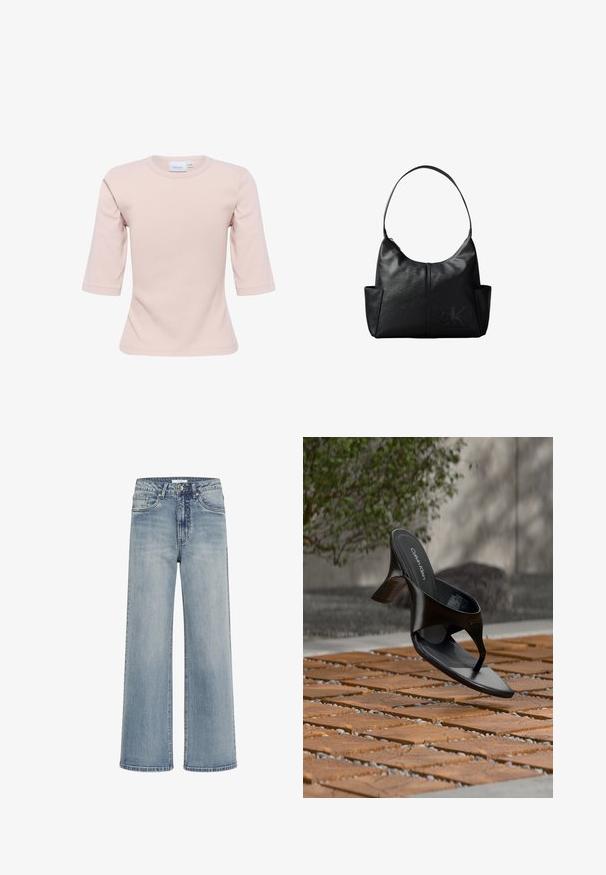 T-shirt rose clair à col rond, avec des manches trois-quarts, fabriqué dans un matériau doux, présentant une coupe ajustée et une texture lisse.; Jean large bleu clair en denim, doté d'une fermeture standard à boutons et zip, avec cinq poches et des coutures décoratives sur les coutures.; Sandale à talon noire Calvin Klein en forme de tongs flottant au-dessus d'une surface extérieure carrelée avec de la verdure et un mur en béton en arrière-plan.; Sac à bandoulière en cuir noir avec une seule bandoulière, des poches latérales et un logo Calvin Klein discrètement embossé en bas à droite sur le devant.