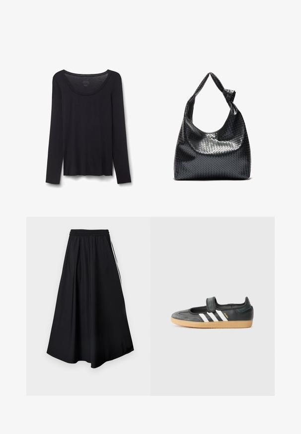 Camisa negra ligera de algodón con mangas largas y cuello redondo, talla pequeña, extendida sobre fondo blanco.; Pantalones negros de pierna ancha con cinturilla elástica y franjas blancas laterales, mostrados sobre un fondo blanco liso.; Zapatilla de deporte de cuero negro y ante con una correa de Velcro, que presenta tres rayas blancas y una suela de goma, etiquetada "SAMBA" en el lateral.; Bolso de cuero trenzado negro con un diseño relajado, que presenta una correa anudada y un pequeño tachuela dorada decorativa en la parte superior.