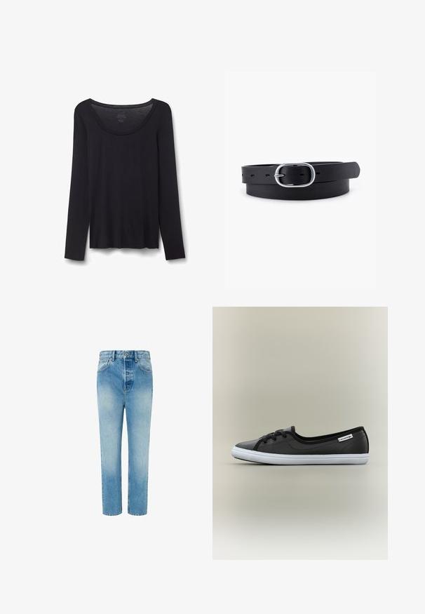 Sort let bomuldsskjorte med lange ærmer og rund halsudskæring, størrelse small, lagt fladt på hvid baggrund.; Lyseblå denimjeans med lige ben, høj talje og minimal falming. Har for- og baglommer samt en metalknaplukning.; Sort lavtop Lacoste-sneaker med hvid sål, sorte snørebånd og logomærke på siden mod en ensartet baggrund.; Sort læderbælte med en glat overflade, oval sølvmetalspænde og flere justeringshuller langs stroppen. Flad, minimalistisk design.