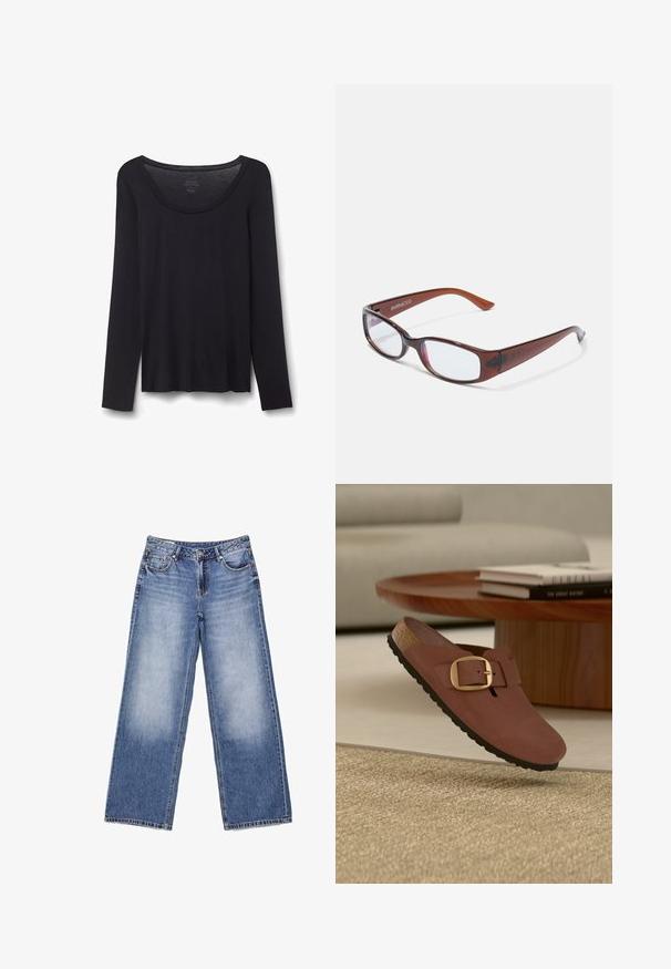 Sort let bomuldsskjorte med lange ærmer og rund halsudskæring, størrelse small, lagt fladt på hvid baggrund.; Lyseblå denim jeans med vide ben, forlommer, bæltestropper, knaplukning og diskret falming på forlårene.; Brun slip-on sko med en stor guldfarvet spænde, korksål og sort slidbane, der svæver over et beige tæppe nær et træbord med stablede bøger.; Brune-farvede rektangulære briller med en glat overflade, der har slanke arme og gennemsigtige linser. Logoet er synligt på venstre temple.