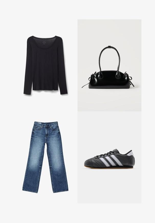 Sort let bomuldsskjorte med lange ærmer og rund halsudskæring, størrelse small, lagt fladt på hvid baggrund.; Blå denimjeans med falmet vask på lårene, lige bred ben-snit, foran med knap, lynlås og fem-lomme-stil.; Sorte lædersportssko med hvide striber, rund tå, flad sål og snørelukning. Har perforeringer for åndbarhed.; Lille sort blank håndtaske med to lange håndtag og snøre-detaljer i siden på en ensfarvet lys baggrund.