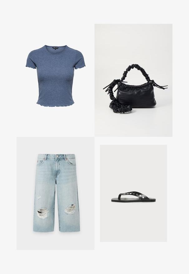 Top corto azul de punto acanalado de manga corta con bordes festoneados en las mangas y el dobladillo, cuello redondo y silueta ajustada.; Pantalones cortos de mezclilla azul claro con un corte holgado, que presentan dos grandes desgastes en la parte delantera. Cinco bolsillos y un cierre metálico visible.; Sandalia plana tipo chancla negra con una tira ancha decorada con tachuelas redondas plateadas sobre un fondo blanco.; Bolso de mano de imitación cuero negro con textura de cocodrilo, parte superior fruncida y correa arrugada. Presenta un diseño suave y compacto.