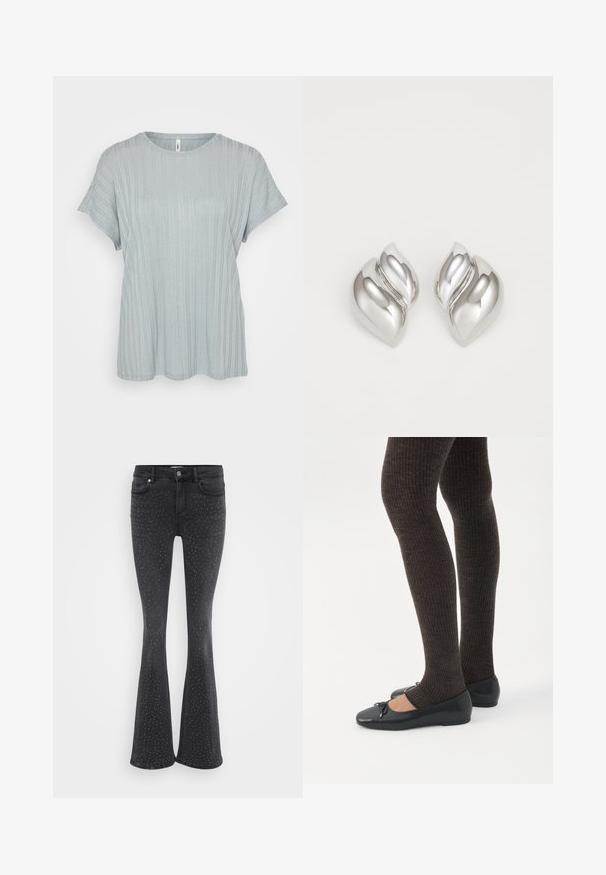 Camiseta de manga corta de color azul claro con un ajuste relajado y un escote redondo. Textura suave; caída ligera. El dobladillo es ligeramente curvado.; Vaqueros de campana negros hechos de denim, con adornos de tachuelas metálicas por toda la prenda. Cinco bolsillos y cierre de botón en la parte delantera.; Piernas con leggings oscuros acanalados combinados con bailarinas negras que presentan pequeños detalles de lazo sobre un fondo blanco.; Pendientes de plata con una forma orgánica y abstracta. Superficie lisa y brillante con un diseño cónico. Presentan suaves curvas y un detalle de línea central.