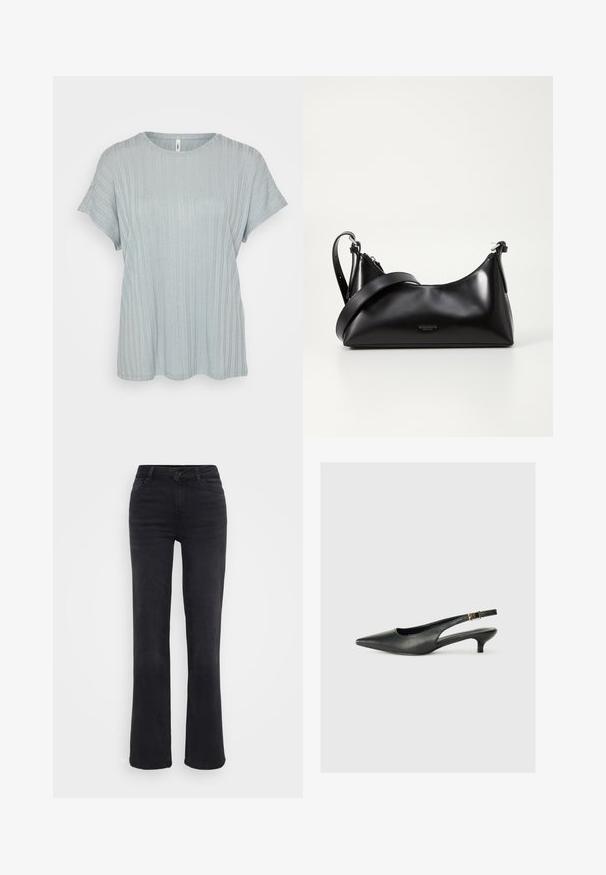 Camiseta de manga corta de color azul claro con un ajuste relajado y un escote redondo. Textura suave; caída ligera. El dobladillo es ligeramente curvado.; Jeans de denim negro con corte recto, que incluyen un cierre frontal de botón, cinco bolsillos y detalles de costura sutiles.; Zapato de tacón slingback negro de punta afilada, hecho de cuero suave. Presenta un tacón delgado y un detalle de hebilla en la correa ajustable.; Bolso de mano de cuero negro con una textura suave. Cuenta con una correa ajustable y un diseño elegante y minimalista con cierre de cremallera.