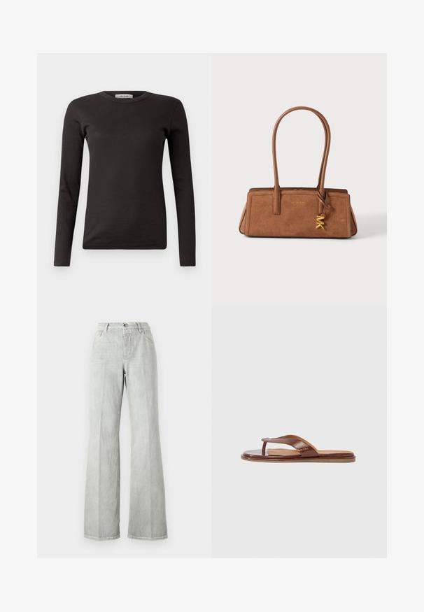 Čierne dlhé rukávy rebrované tričko s okrúhlym výstrihom a priliehavým strihom. Vyrobené z mäkkého bavlneného materiálu, vhodné na vrstvenie.; Svetlošedé rozšírené džínsy vyrobené z denimu, s vysokým pásom, dizajnom s piatimi vreckami a čistým povrchom s minimálnymi detailmi šitia.; Hnedá kožená žabková obuv s textúrovaným remienkom a hladkou stielkou. Má minimalistický dizajn a plochú podrážku, vhodnú na bežné nosenie.; Hnedá semišová obdĺžniková kabelka s dlhými koženými rúčkami a zlatým príveskom s logom Michael Kors visiaci na jednej rúčke.