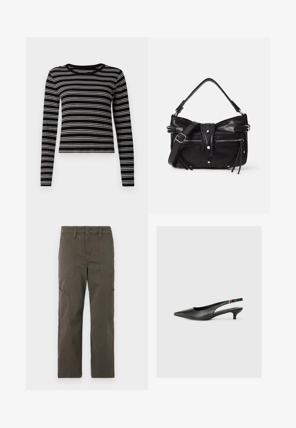 Langærmet sort og hvid stribet top med en ribbet tekstur og en rund halsudskæring, der har jævnt fordelte vandrette striber.; Good American CROPPED PANTS - Cargobukser - fatigue; Sorte spidse slingback-sko lavet af glat læder. Har en tynd hæl og en spænde detalje på den justerbare rem.; Even&Odd H24462 - Håndtasker - black