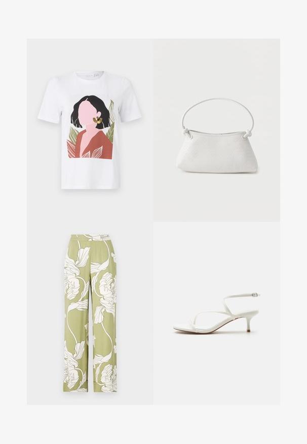 Weißes T-Shirt mit einem grafischen Design einer Frau mit schwarzen Haaren, die ein braunes Oberteil und goldene Ohrringe trägt, umgeben von grünen Blättern.; Blumenweitbeinganz in Hellgrün mit weißen botanischen Drucken. Mit elastischem Taillenbund und weichem, strukturiertem Stoff.; Weiße Damen-Sandalette mit Riemchen, niedrigem Katzenabsatz und Knöchelschnalle vor weißem Hintergrund.; Weiße gewebte Lederhandtasche mit abgerundetem Griff und verknoteten Riemenenden, vor schlichtem Hintergrund präsentiert.