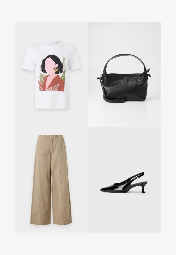 Hvid t-shirt med et grafisk design af en kvinde med sort hår, iført en brun top og guldørering, omgivet af grønne blade.; Beige brede bukser lavet af robust bomuld, med knaplukning, bæltestropper og rene frontindlæg uden synlige lommer.; Sorte patenterede slingback-sko med spidse tæer og lav blokhæl. Justerbar spænde-rem ved anklen.; Sort læderhåndtaske med et struktureret design, rund tophåndtag og aftagelig skulderrem. Den har en glat tekstur og en subtil glans.