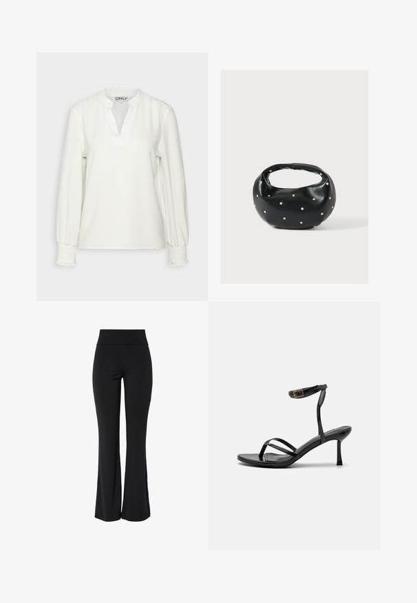 Haut à manches longues blanc avec un col en V et des poignets froncés. Fabriqué en tissu doux, il présente une coupe décontractée et une texture subtile. Étiquette de marque visible.; Pantalon noir taille haute extensible avec jambe légèrement évasée et design lisse sans coutures, sur fond blanc.; Sandales à talons hauts noires avec un design à fines lanières, texture lisse, boucle à la cheville et bout pointu. Détail de bride de cheville ajustable.; Sac à main en cuir noir de forme arrondie, décoré de clous argentés et équipé d'une poignée courte. Texture lisse et fermeture éclair.